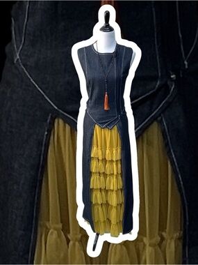 Dark Blue Denim Maxi Vest with Lace Up Back